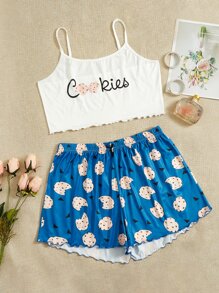 Plus Cartoon & Letter Print Lettuce Trim Pyjama Set - Blue and White - View 1