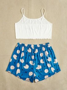 Plus Cartoon & Letter Print Lettuce Trim Pyjama Set - Blue and White - View 2