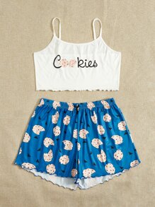Plus Cartoon & Letter Print Lettuce Trim Pyjama Set - Blue and White - View 4