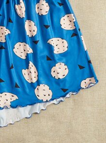 Plus Cartoon & Letter Print Lettuce Trim Pyjama Set - Blue and White - View 3
