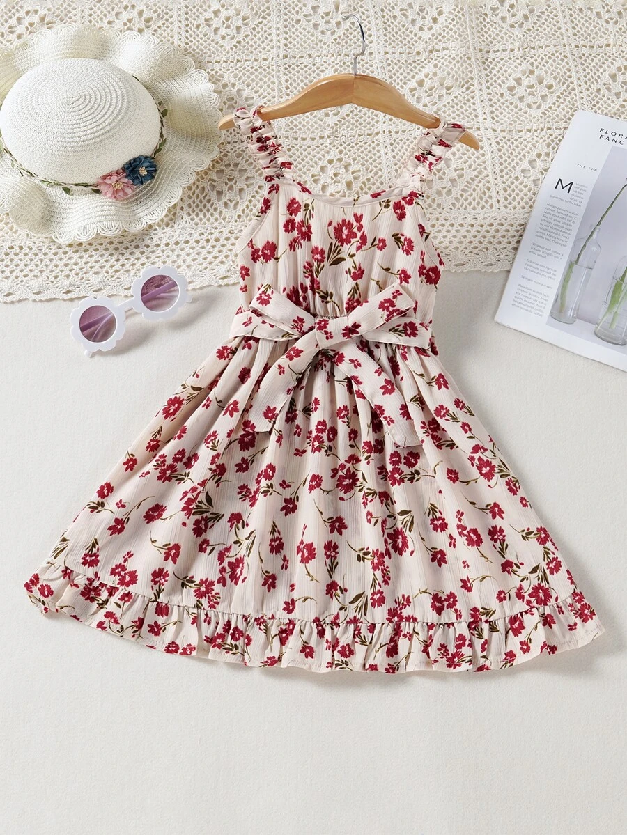 Toddler Girls Floral Print Ruffle Hem Belted Cami Dress - Apricot - View 1
