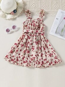 Toddler Girls Floral Print Ruffle Hem Belted Cami Dress - Apricot - View 2