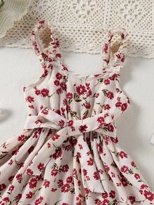 Toddler Girls Floral Print Ruffle Hem Belted Cami Dress - Apricot - View 3