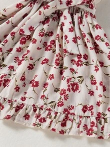 Toddler Girls Floral Print Ruffle Hem Belted Cami Dress - Apricot - View 4