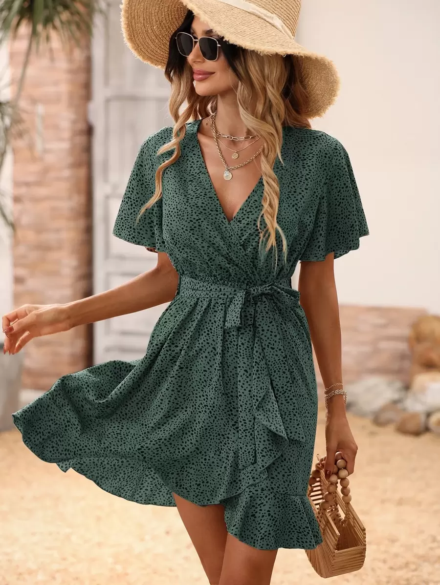 SHEIN Clasi Dalmatian Print Butterfly Sleeve Ruffle Trim Wrap Hem Belted Dress - Dark Green - View 1