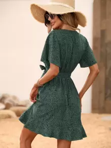 SHEIN Clasi Dalmatian Print Butterfly Sleeve Ruffle Trim Wrap Hem Belted Dress - Dark Green - View 2