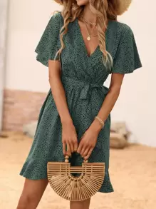 SHEIN Clasi Dalmatian Print Butterfly Sleeve Ruffle Trim Wrap Hem Belted Dress - Dark Green - View 3