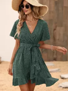 SHEIN Clasi Dalmatian Print Butterfly Sleeve Ruffle Trim Wrap Hem Belted Dress - Dark Green - View 4