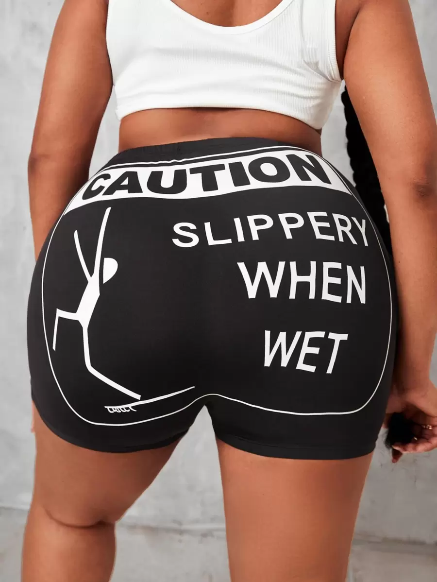 Slaydiva Plus Cartoon And Slogan Graphic Leggings For Summer - Black - View 1