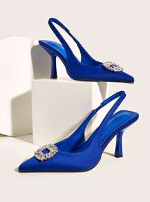 Rhinestone Decor Stiletto Heeled Slingback Pumps - Blue - View 1