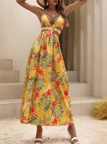 Breezaya Tropical Print Backless Knot Halter Neck Slit Thigh Dress Maxi Vacation Beach Outfits Women - Yellow - View 5