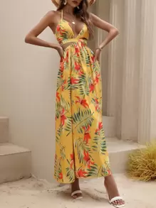 Breezaya Tropical Print Backless Knot Halter Neck Slit Thigh Dress Maxi Vacation Beach Outfits Women - Yellow - View 6