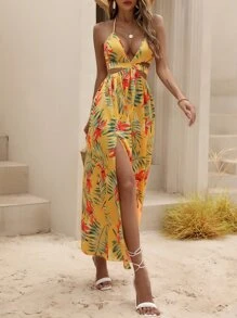 Breezaya Tropical Print Backless Knot Halter Neck Slit Thigh Dress Maxi Vacation Beach Outfits Women - Yellow - View 7
