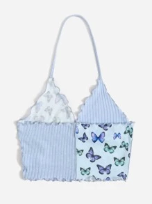 Soleia 蝴蝶圖案木耳邊掛脖上衣 - 淺藍色 - 查看 2