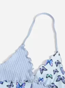 Soleia 蝴蝶圖案木耳邊掛脖上衣 - 淺藍色 - 查看 4
