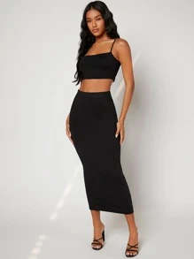 SHEIN BASICS Áo hai dây màu trơn Giải trí - màu đen - Xem 4