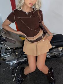 SHEIN ICON 休閒羅紋針織純色女士T恤 - 巧克力棕 - 查看 5