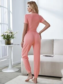 字母圖案短款T恤和腰部打結長褲睡衣套裝 - 珊瑚粉 - 查看 2