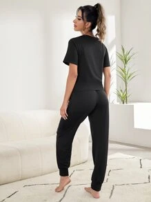 Slogan Graphic Lounge Tee & Sweatpants - Black - View 2