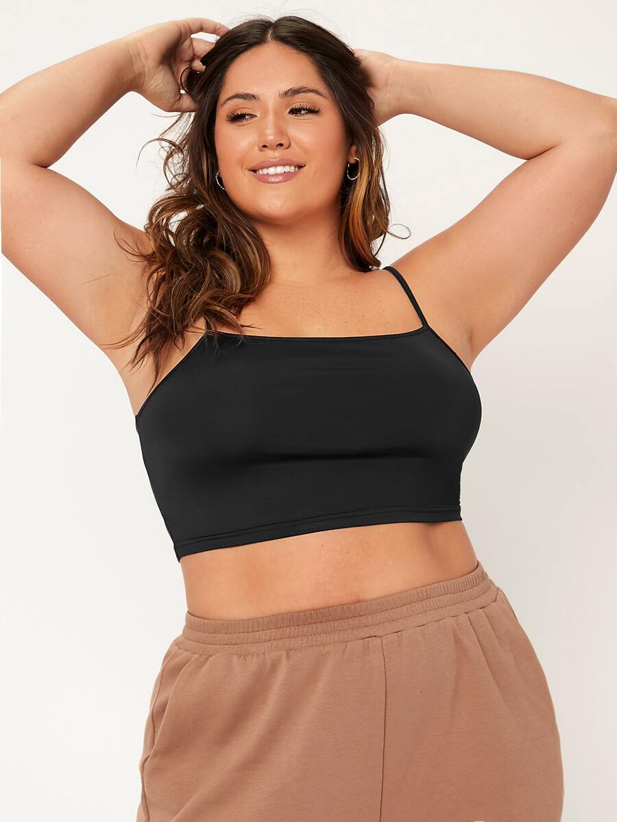 SHEIN BASICS Plus Solid Crop Cami Top - Black - View 1