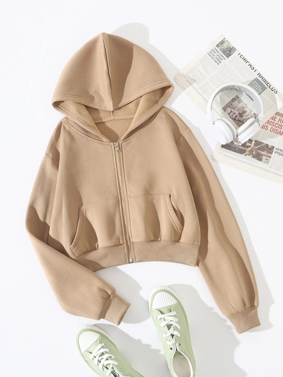 SHEIN EZwear Áo hoodie ngắn Dây kéo Lót nhiệt - Màu Khaki - Xem 1