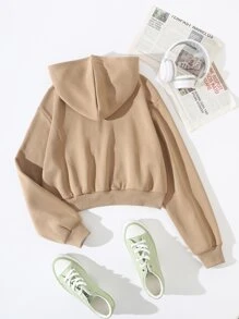 SHEIN EZwear Áo hoodie ngắn Dây kéo Lót nhiệt - Màu Khaki - Xem 2