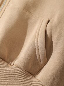 SHEIN EZwear Áo hoodie ngắn Dây kéo Lót nhiệt - Màu Khaki - Xem 5