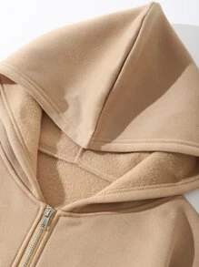 SHEIN EZwear Áo hoodie ngắn Dây kéo Lót nhiệt - Màu Khaki - Xem 6