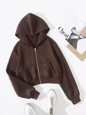 Sudadera corta con cremallera y forro térmico, Tops de manga larga