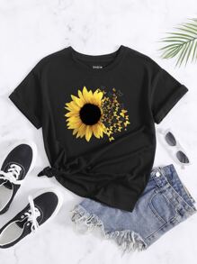 SHEIN VCAY Sunflower And Butterfly Print Tee - Black - View 1
