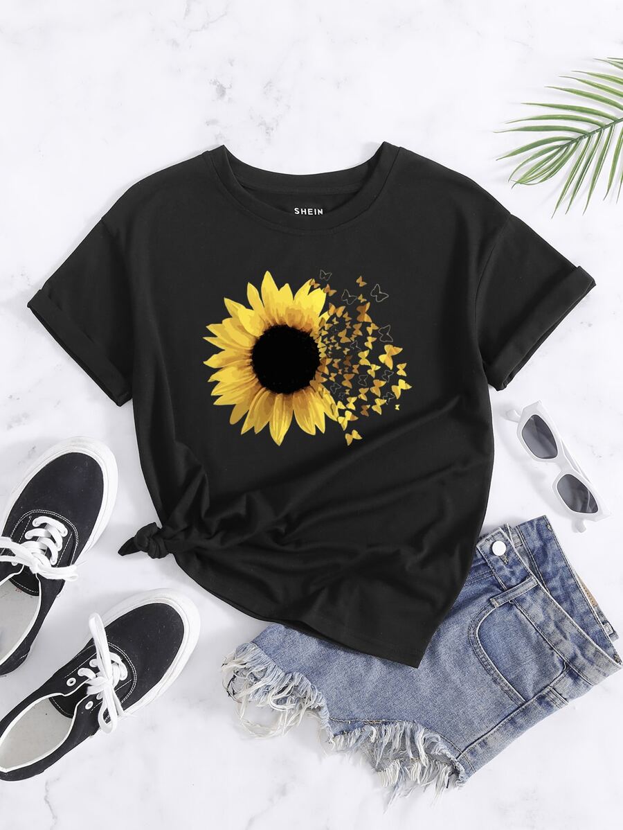 SHEIN VCAY Sunflower And Butterfly Print Tee - Black - View 1