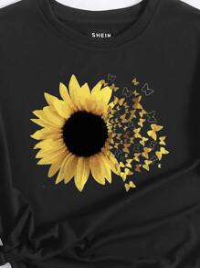 SHEIN VCAY Sunflower And Butterfly Print Tee - Black - View 3