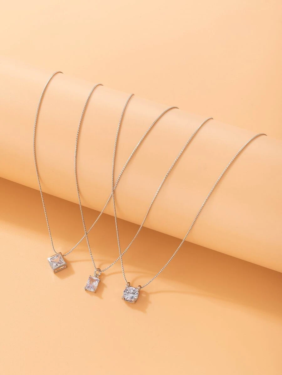 3入組方晶鋯石吊墜項鍊 - 銀色 - 查看 1