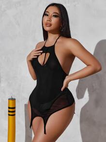 SHEIN X Kimberly Loaiza Bodysuit dây Cắt ra Ca-vát Backless Viền không đối xứng Lưới - màu đen - Xem 3