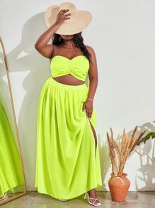 Slaydiva pecho con fruncido Top bandeau & de muslo con abertura Falda - Verde Lima - Ver 1