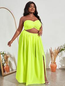 Slaydiva pecho con fruncido Top bandeau & de muslo con abertura Falda - Verde Lima - Ver 3