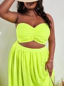 Slaydiva pecho con fruncido Top bandeau & de muslo con abertura Falda - Verde Lima - Ver 6