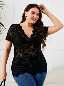 SHEIN Clasi Plus Scallop Trim Lace Top Without Bra - Black - View 1