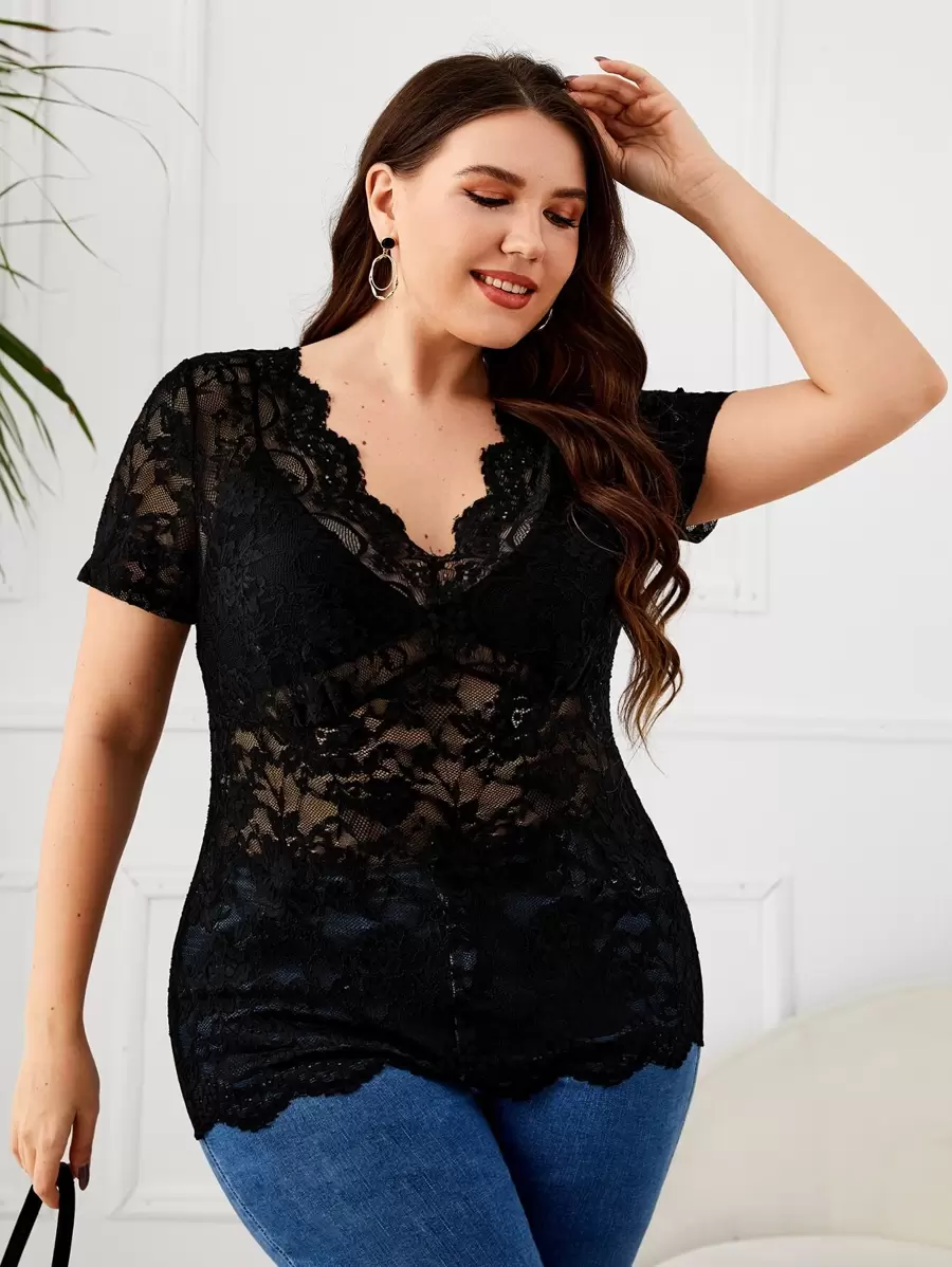 SHEIN Clasi Plus Scallop Trim Lace Top Without Bra - Black - View 1
