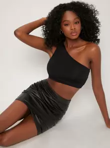 SHEIN BASICS Áo nữ màu trơn Gợi cảm - màu đen - Xem 1