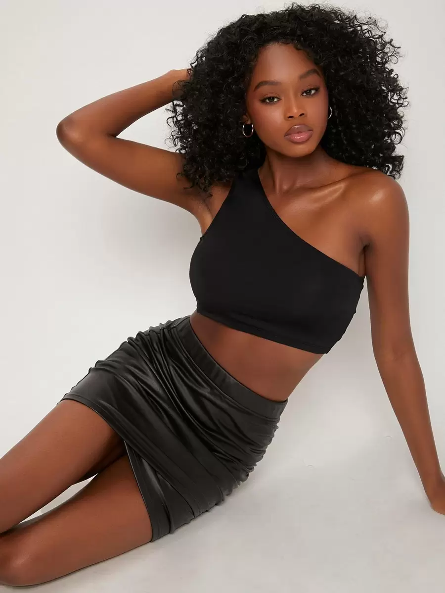 SHEIN BASICS Áo nữ màu trơn Gợi cảm - màu đen - Xem 1