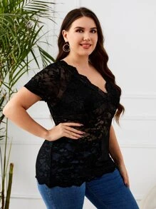 SHEIN Clasi Plus Scallop Trim Lace Top Without Bra - Black - View 3