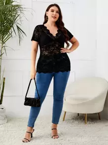 SHEIN Clasi Plus Scallop Trim Lace Top Without Bra - Black - View 4