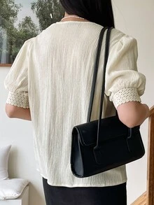 DAZY Guipure Lace Panel Puff Sleeve Blouse - Beige - View 2