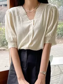 DAZY Guipure Lace Panel Puff Sleeve Blouse - Beige - View 3