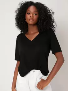 SHEIN BASICS Однотонна футболка з V-подібним вирізом - Чорний - Переглянути 1