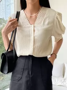 DAZY Guipure Lace Panel Puff Sleeve Blouse - Beige - View 4