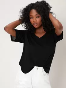 SHEIN BASICS Однотонна футболка з V-подібним вирізом - Чорний - Переглянути 3