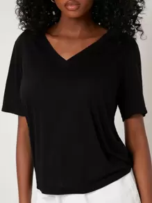 SHEIN BASICS Однотонна футболка з V-подібним вирізом - Чорний - Переглянути 4