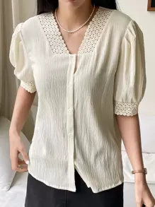 DAZY Guipure Lace Panel Puff Sleeve Blouse - Beige - View 6